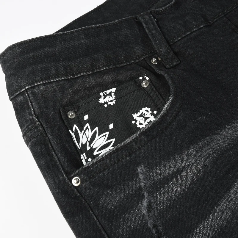 Fashionable new men's jeans with pleats, washed water, nostalgic perforation patch, men's black jeans, high street designer, hip