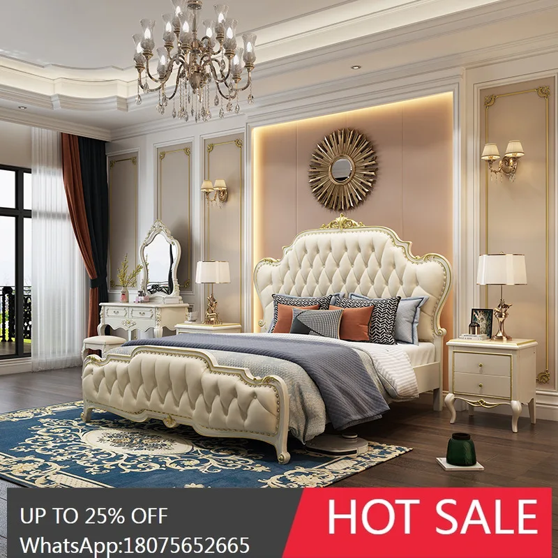

SGF European Style Genuine Leather Double Bed 1.8m Solid Wood Carved Furniture Modern Simple Bed