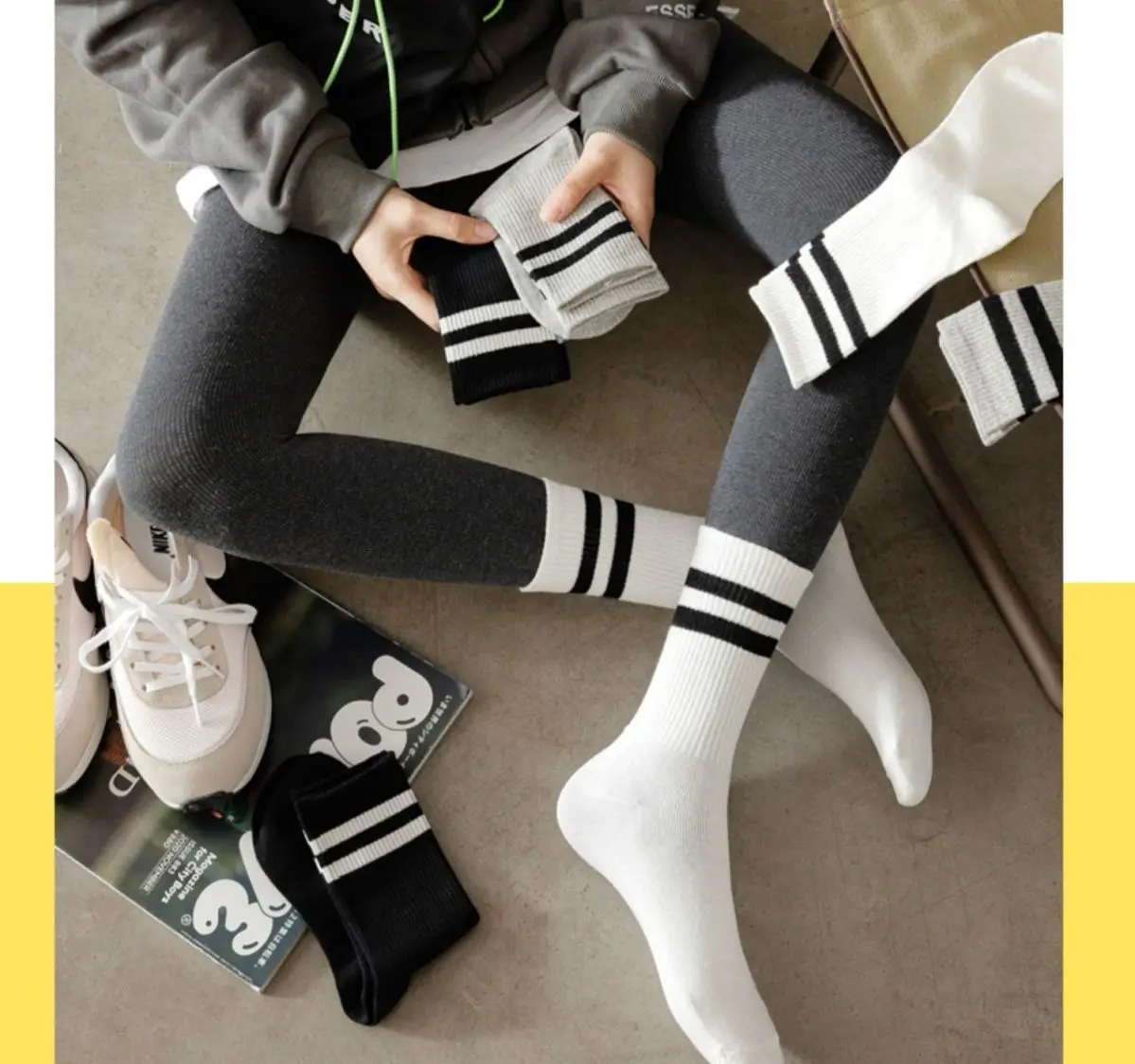 10 Paar gestreifte Baumwollsocken für Damen, atmungsaktiv, bequem, Sportsocken, schweißabsorbierend, modische schwarz-weiße Socken – Detail 1