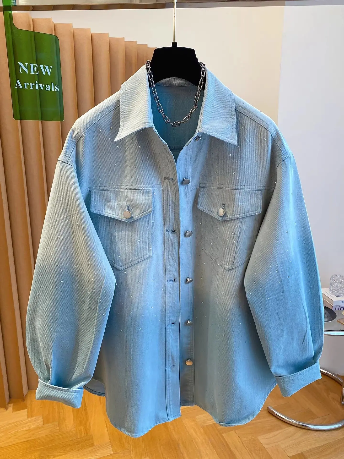 Diamonds Denim Shirts Top For Women 2026 New Gradient Color Shirt