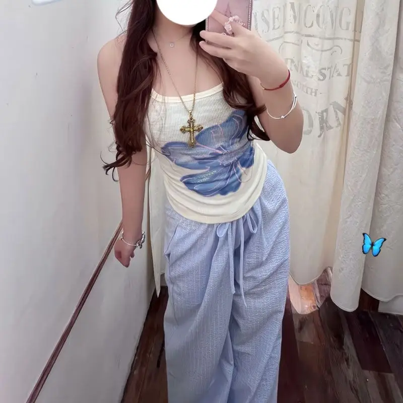 Deeptown Vintage Blue Plaid Wide Leg Women's Pants Summer Korean Fashion Straight Trousers Baggy Harajuku Commute Casual Thin