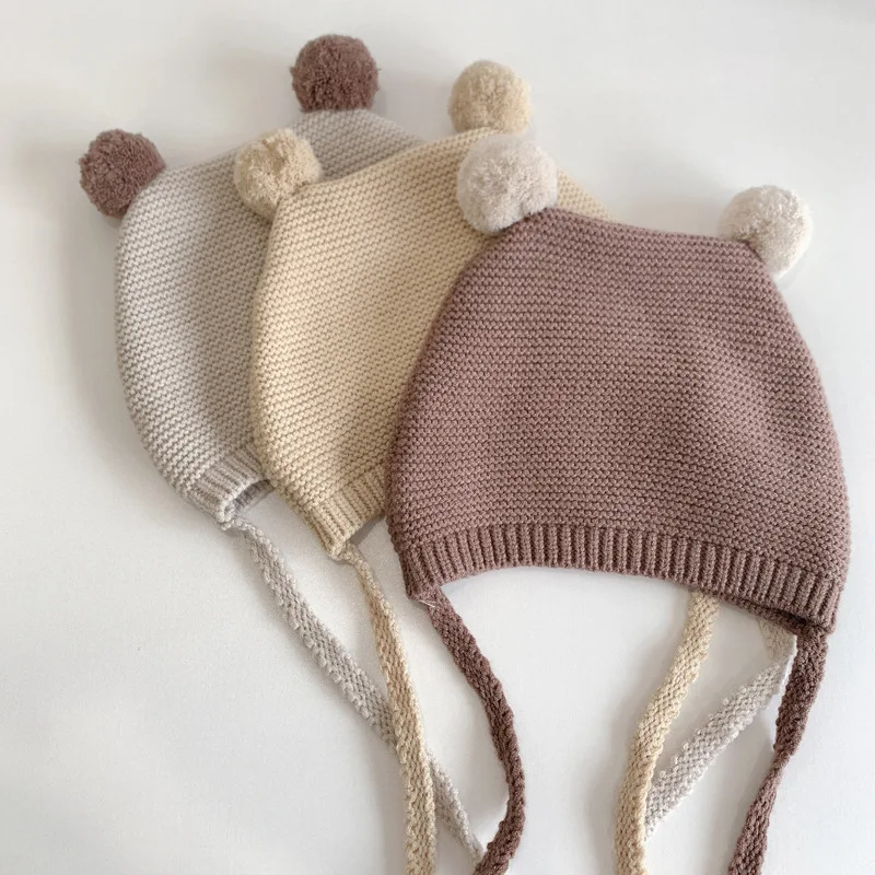 Pompon Baby Mütze Säugling Herbst Winter warme Häkel haube Kleinkind Gehörschutz Pullover Mütze Kinder einfarbige Strick mütze – Detail 8