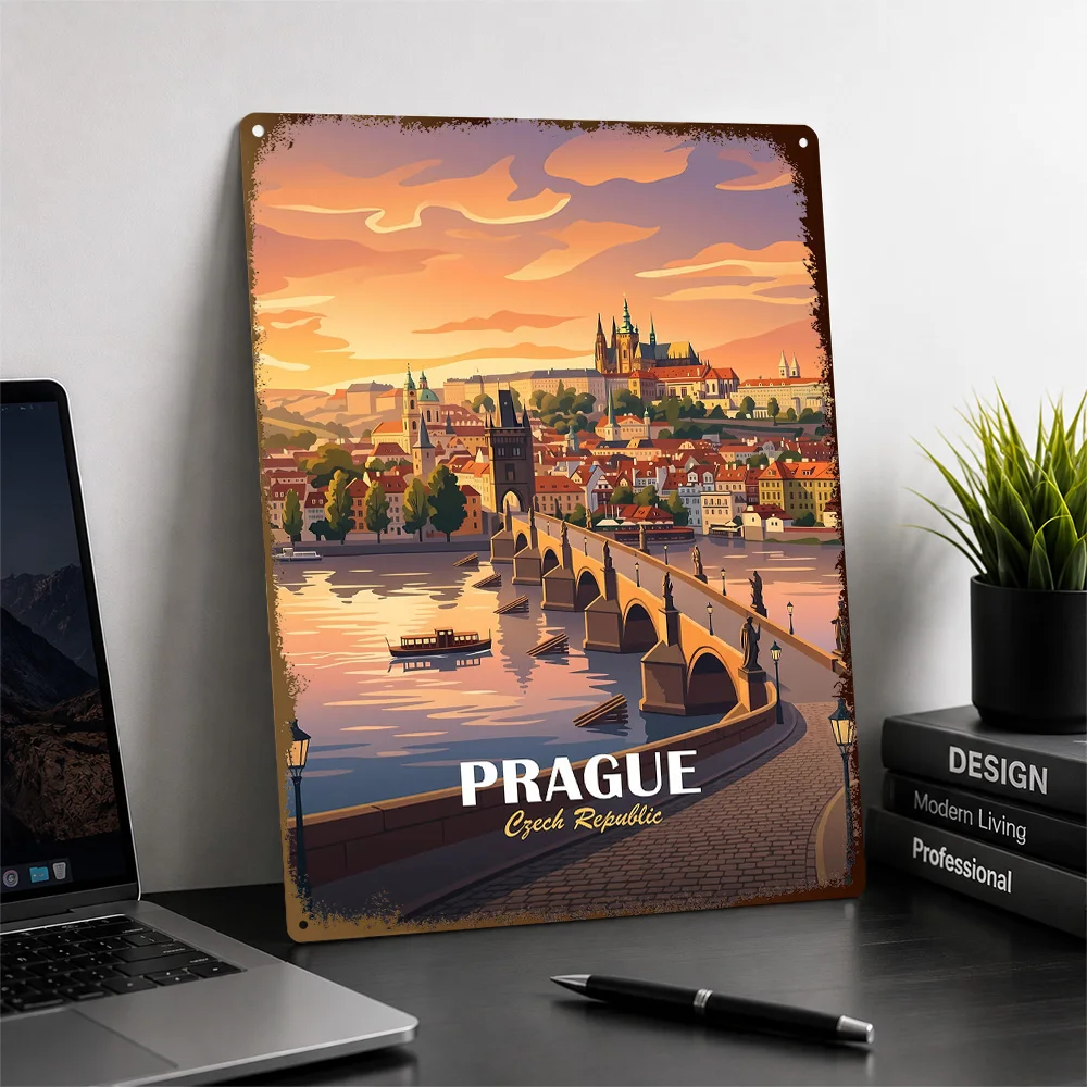 Prague Charles Bridge Sunset Travel Aluminum Poster Personalized Metal Sign Retro Cityscape Tribute Wall Art Enhances Entryway