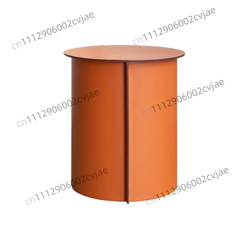 Coffee Table Luxury Saddle Italian-Style Orange Leather Round Side Table Living Room Sofa Side Table Home Bedroom Round Tables