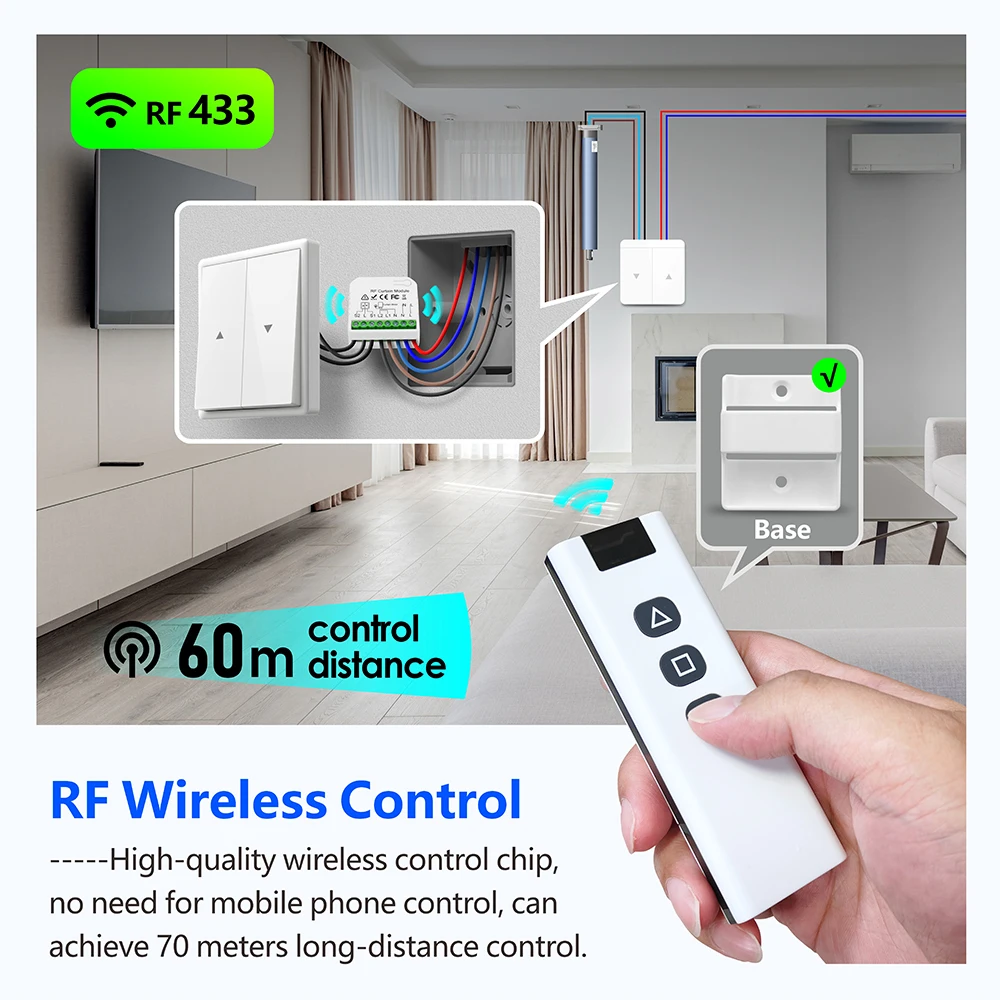 433 MHz kabelloser Vorhangschalter, 110 V, 220 V, 16 A, RF-Empfänger, 60 m Fernbedienung, für Fernbedienung, Rollladen, Fensterjalousien, Garagentor – Detail 8