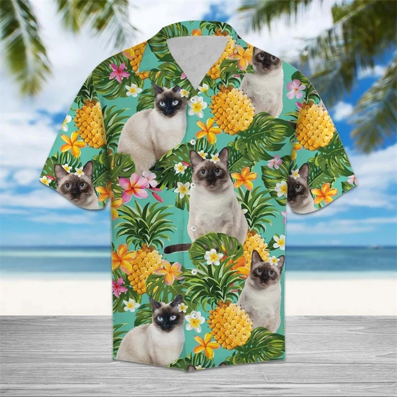 

Tropical Pineapple Cat Graphic Hawaiian Shirts Summer Fashion Short Sleeve 3D Printed Shirt Casual Oversized Cat Lover Blouse