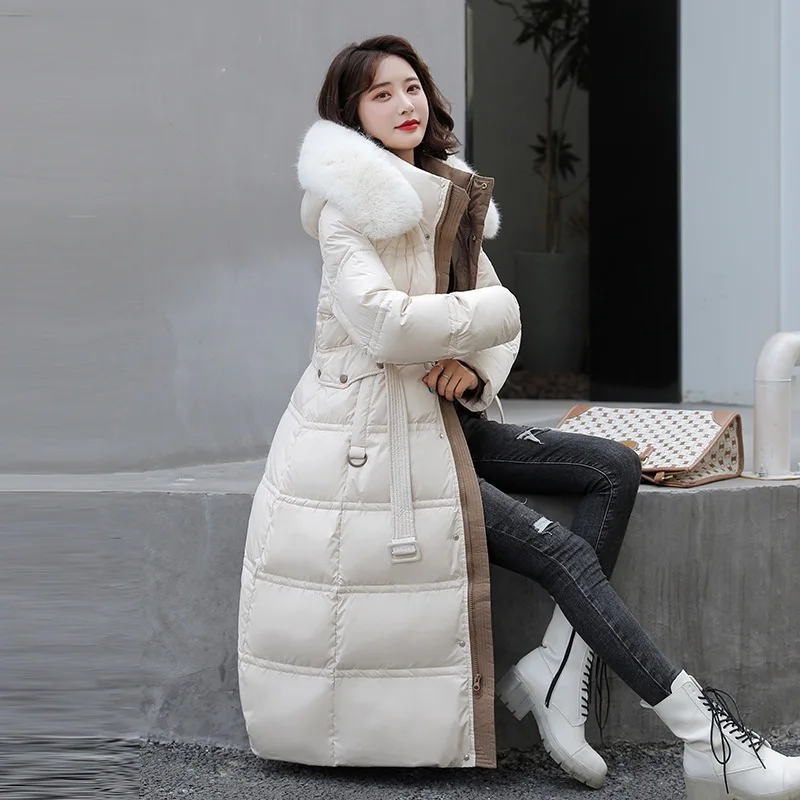 Winter New Down Cotton Parkas Jacket Women Over The Knee Big Hair Collar Korean Version Slimming Belt Parkas Jacket