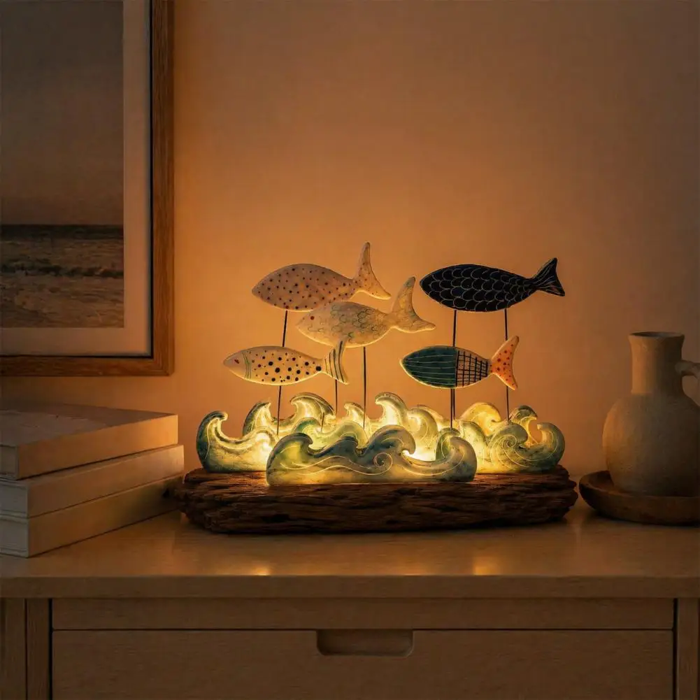 Lighted Coastal Fish Decor Handcrafted Wood Centerpiece With Warm LED Night Light For Living Room Shelf