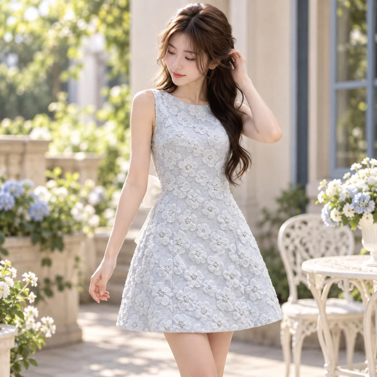 A Line Sleeveless Gown Chic with Zipper Closure Elegant Round Neck Midi Waist Slim Fit Bow Mid Waist Dress Summer for Women