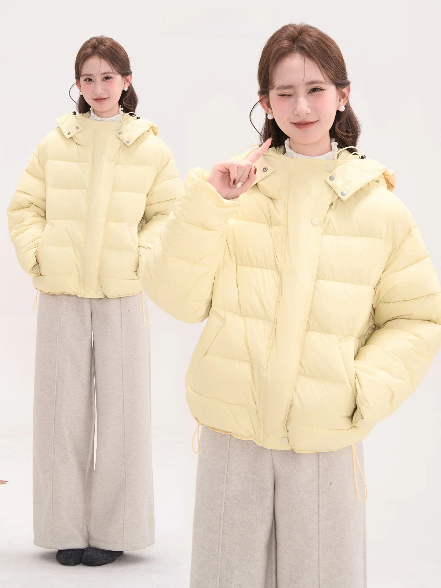 

Heme Mango Heart Korean Sle Bread Cotton Jaet Women's Coat with Ribbone Pattern Hooded Casual Long Sve Loose Fit