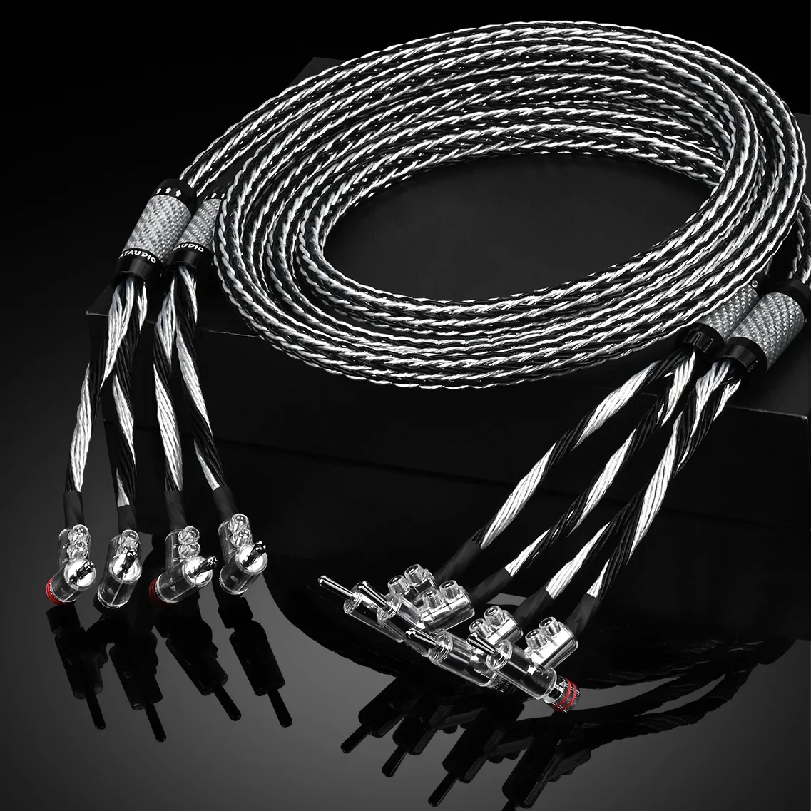 Pair Speaker Cable OCC Silver Plated Loudspeaker 2 to 4 Carbon Fiber Banana Plug Anti-noise Audio Cable for CD Amplifier Mixer