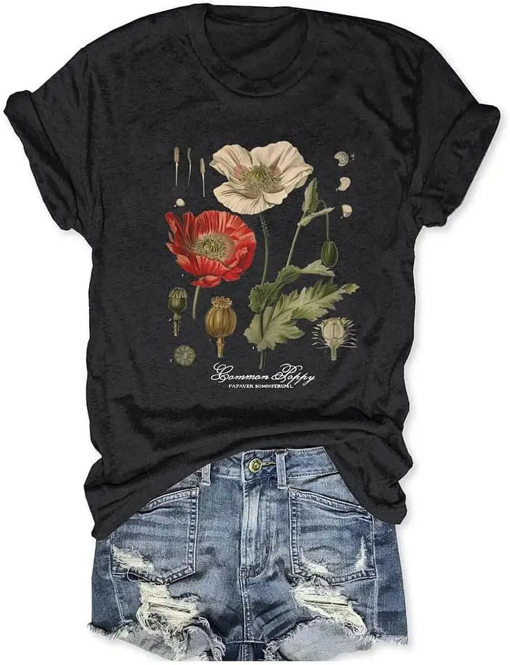 Memorial Day Vintage Poppy T-Shirt for Women Poppy Flower Language Crew Neck Short Sleeve Summer Tee