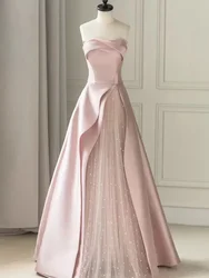 Fashion Pink Strapless Evening Dresses Chic Sleeveless Pleat Floor Length Prom Gowns Elegant A-Line Banquet Party Dresses