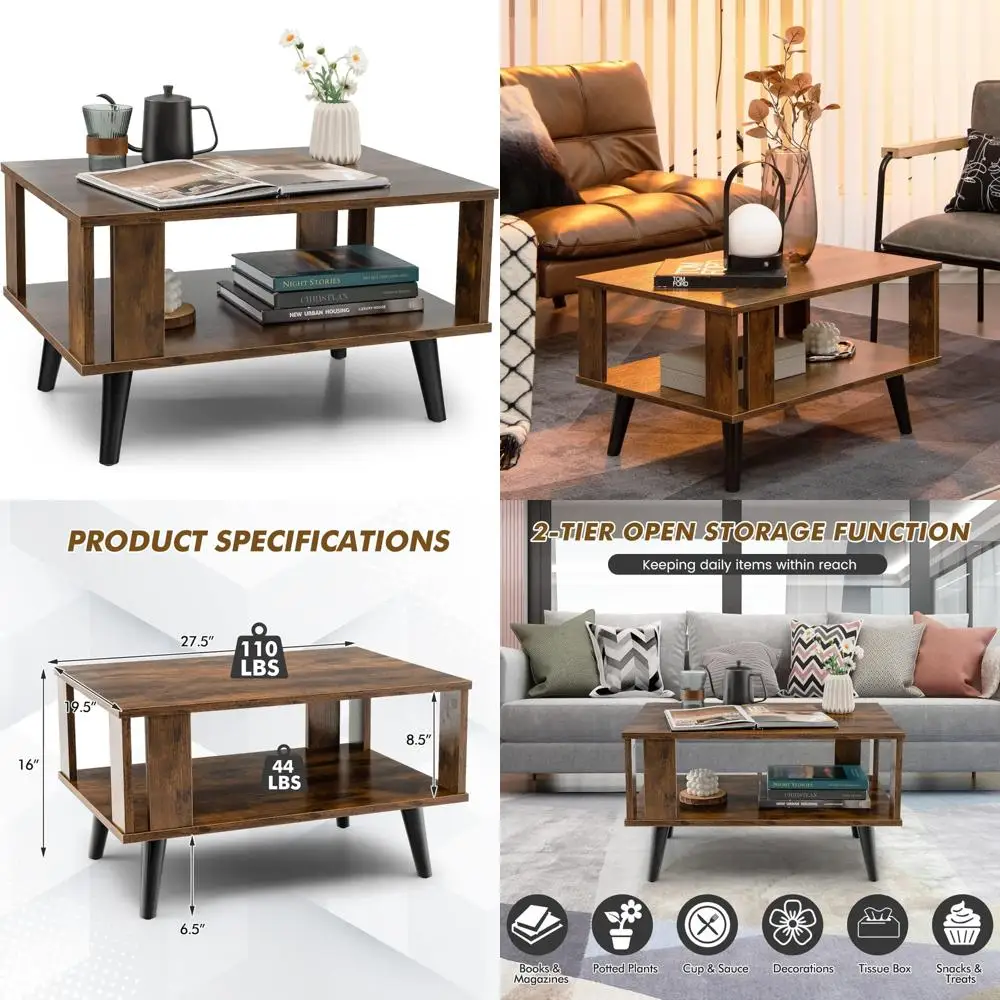 

Mid-Century Style Small Wooden 2-Tier Coffee Table with Open Shelf and Supportive Legs for Easy Assembly