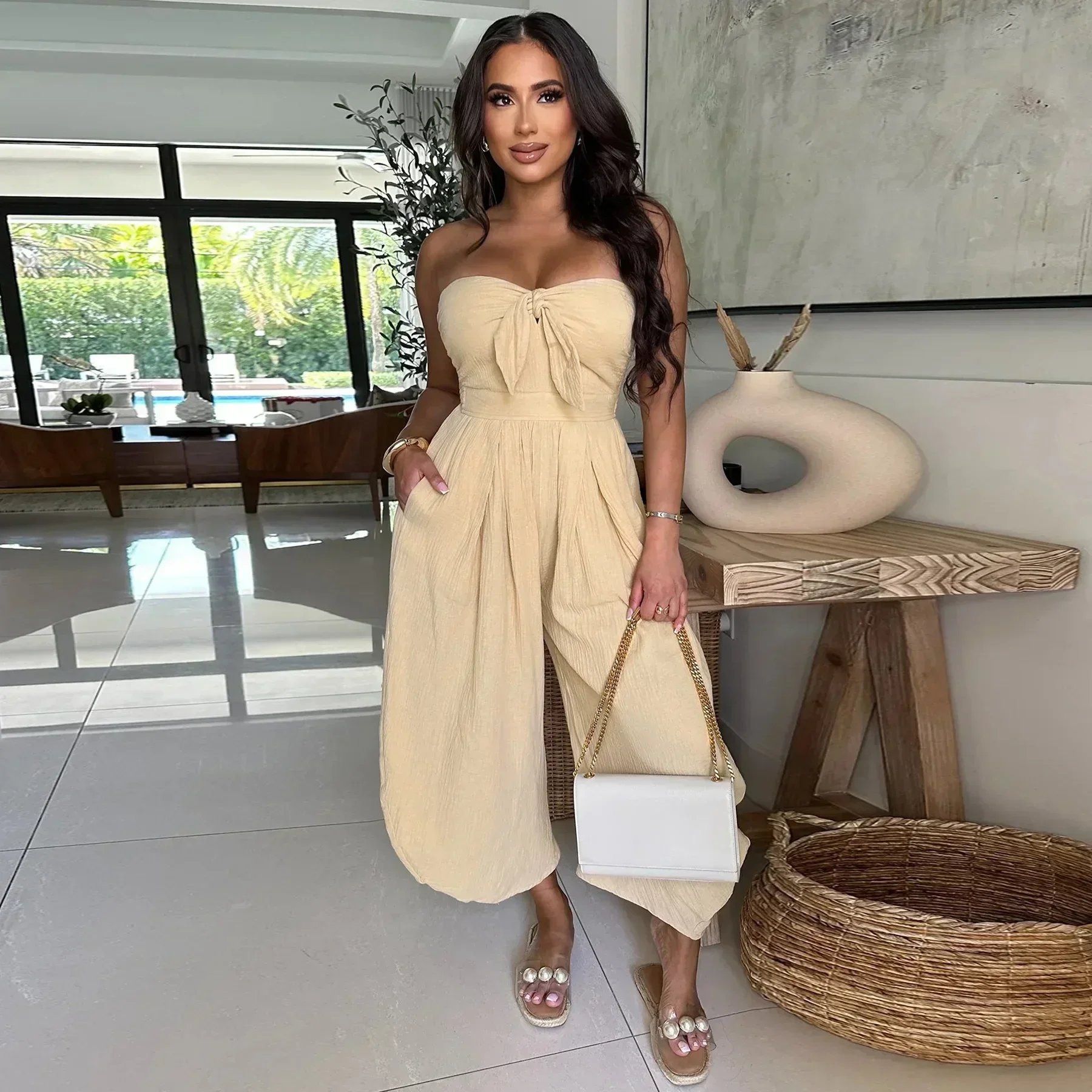 

Sexy One Piece Outfit Women Wide Leg Strapless Sleeveless Bowknot Jumpsuits Summer Beach Club Playsuit One Piece Suit Romper