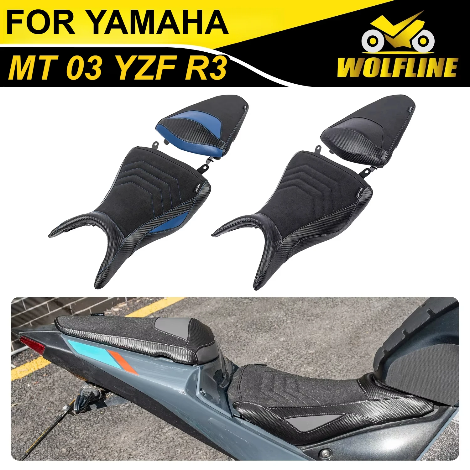 WOLFLINE 2Pcs/Set Rider Saddle Pad Pillion Cushion for Yamaha MT-03 YZF-R3 2015-2024 2016 2017 2018 2019 2020 2021 2022 2023