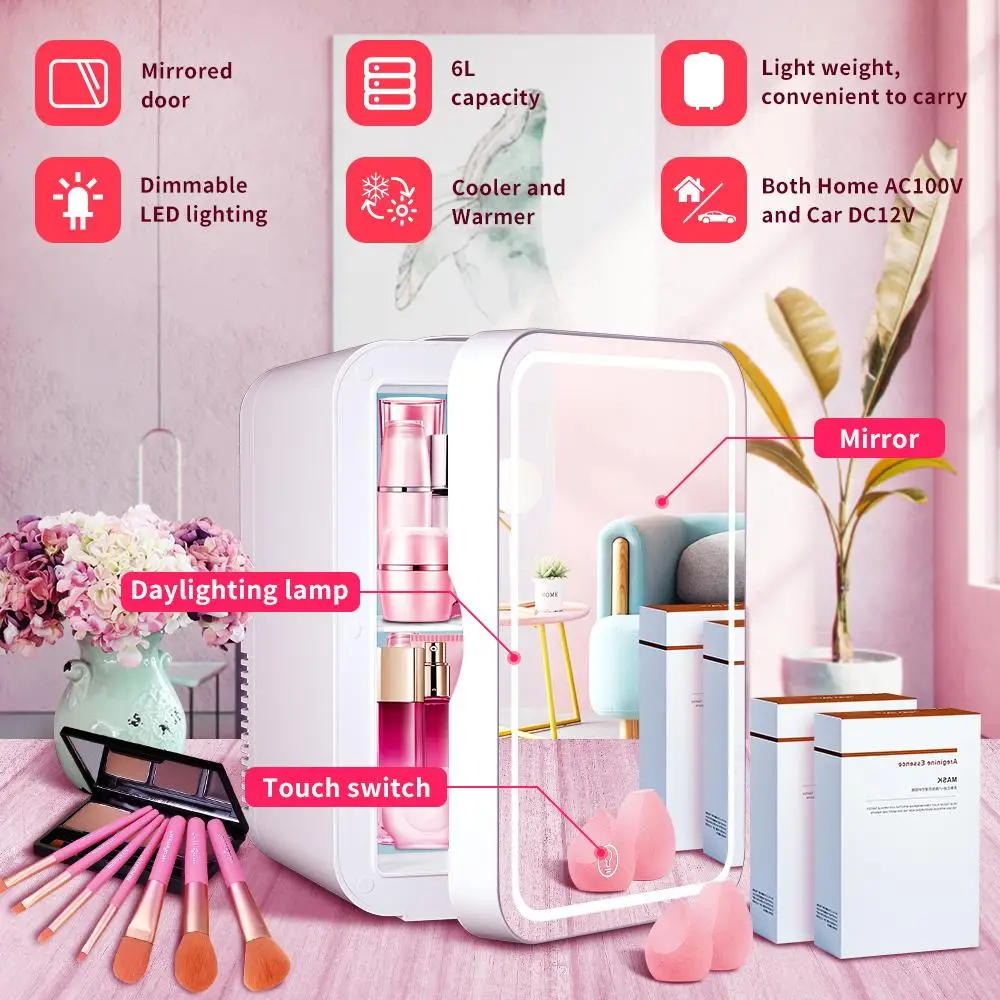 Portable Beauty Skincare Cooler and Warmer 6L Car Home Refrigerator Cosmetic Mirror Mini Fridge Makeup