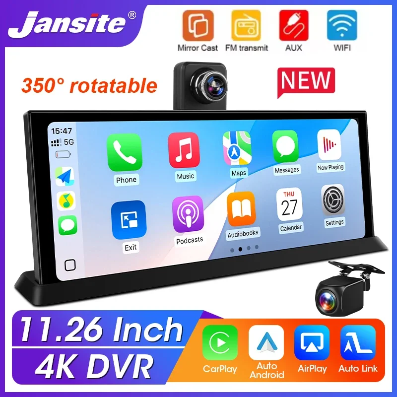 11.26 Inch Wireless CarPlay Android Auto Screen for Car Rotate Len 1080P Rear Camera 4K Car DVR Navigation Dashboard Recorder