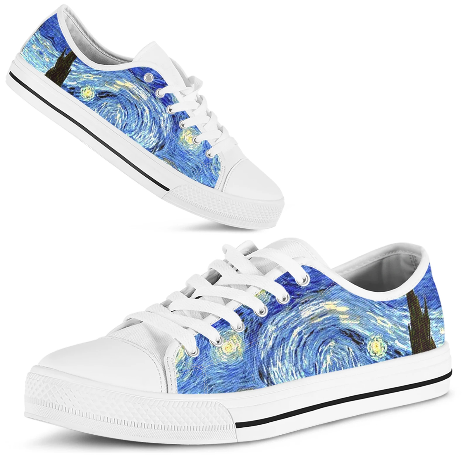 ELVISWORDS Brand Design Sneakers For Women Van Gogh Starry Night Low-top Canvas Shoes White Soft Sole Casual Shoes Flats Zapatos