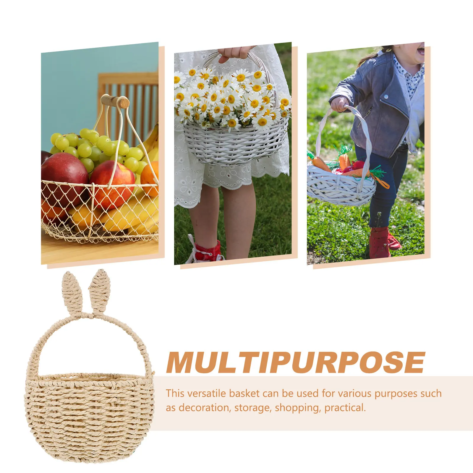 

Rabbit Ears Woven Basket Brown Bread Storage Bins Handwoven Round Basket Straw Organizer Decorative Storage Solutions