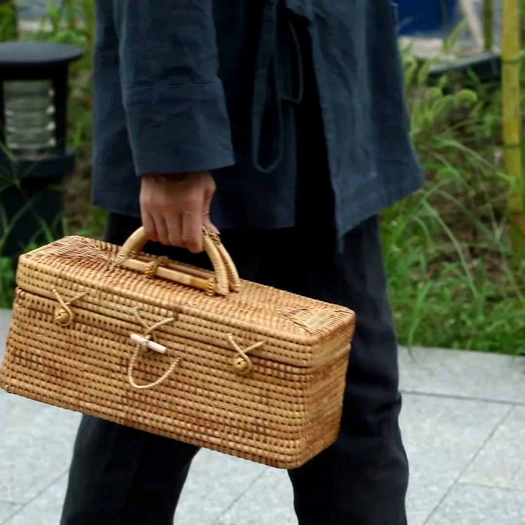 Handwoven Rattan Storage Box with Handle Portable Tea Box Teaware Food Container Picnic Basket Ornament Case Rangement Organizer