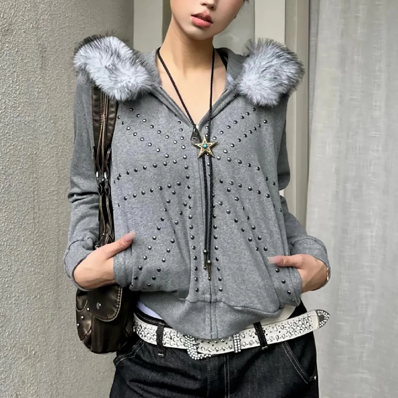 Autumn new retro rice shaped rivet Autumn new retro rice shapfur collar cardigan hooded sweatshirt loose casual jacket for women