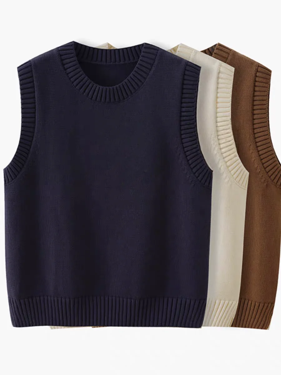 Loose Knitted Sweater Pure Color Sleeveless round Neck Vintage Vest Top Warm Commuter Style Women's Fashion Autumn Winter New...