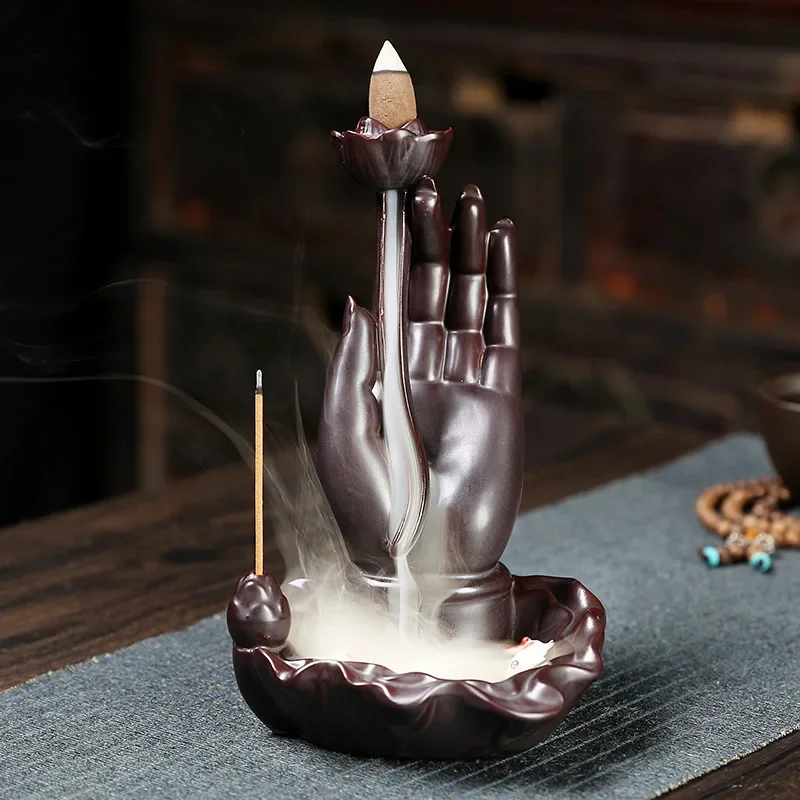 1pc Ceramic Handicraft Buddha Hand Home Ornaments Bergamot Waterfall Backflow Incense Burner Lotus Fish Incense Stick Holder