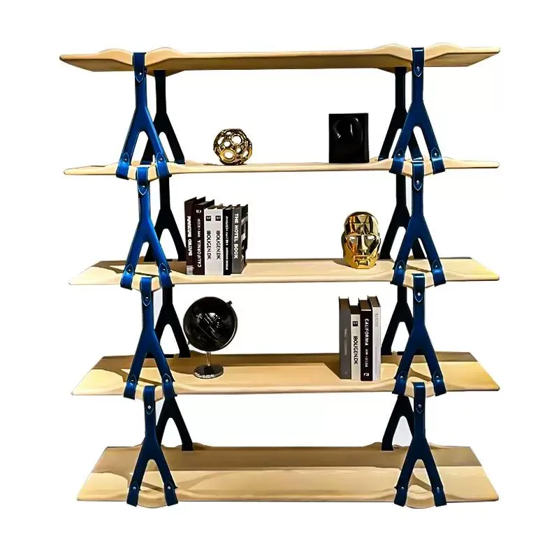 *Italian Minimalist Solid Wood Saddle Leather Fashion Design Storage Rack with Multi-layer Solid Wood Wave-shaped Decoration