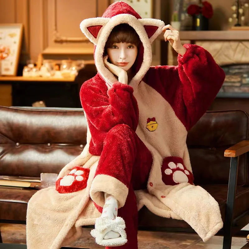 Pajamas Set Women Sweet Cute Flannel Warm Thicken Autumn Winter Home Suit Soft Loose Sleepwear Pyjamas