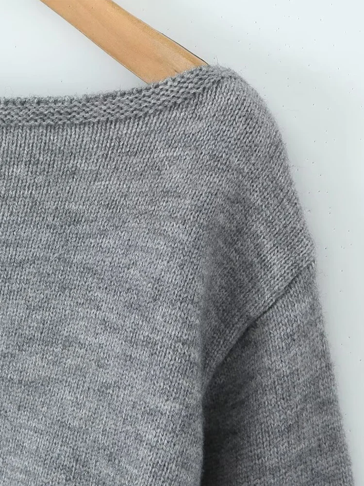 Jesienny nowy damski sweter w stylu francuskim retro, prosty, modny, z długim rękawem, seksowny, z odkrytym ramieniem lub bez ramiączek.