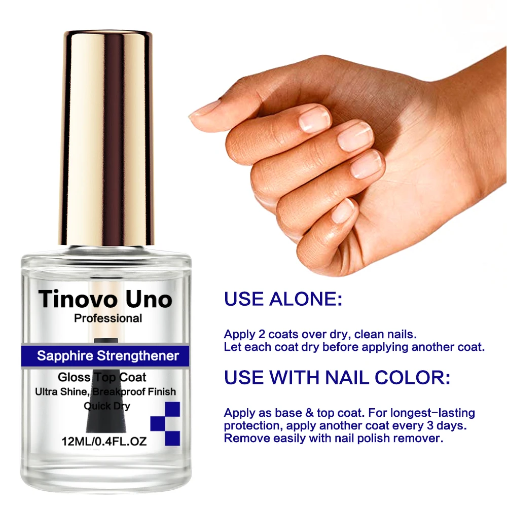 Tinovo Uno-fortalecedor de uñas de zafiro, tratamiento de Arte de uñas de Mega crecimiento, esmalte de uñas de secado al aire, acabado de capa superior Ultra brillante natural, 12ml