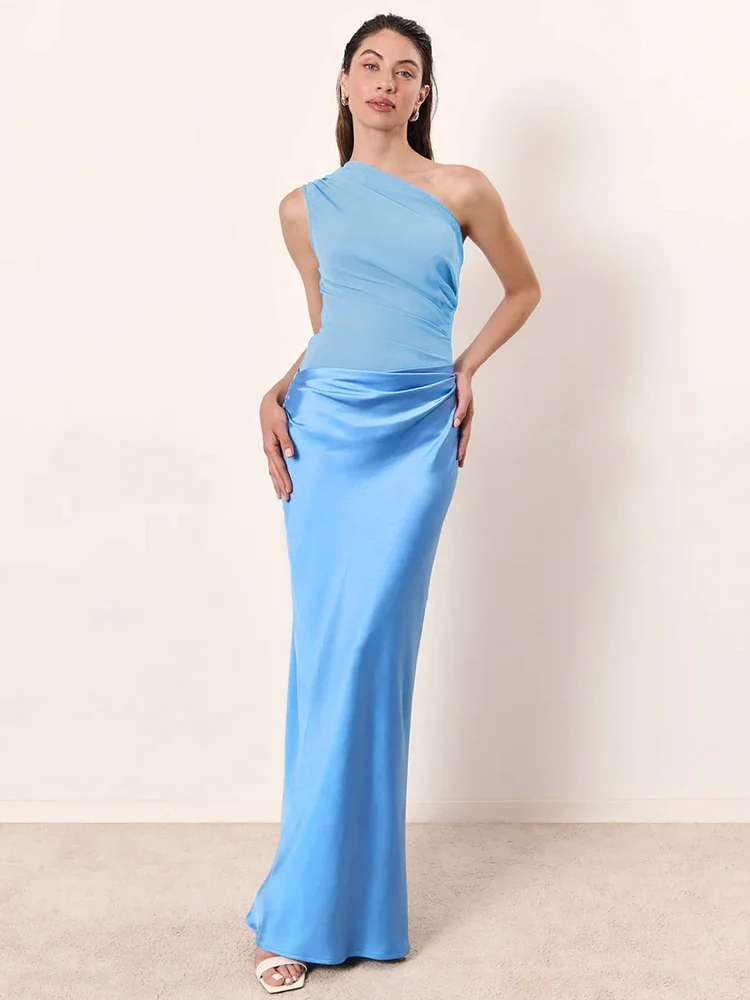 XIAOTANG 새틴 경사 어깨 섹시한 맥시 드레스 여성 패션 패치 워크 민소매 Backless Bodycon 이브닝 클럽 파티 드레스