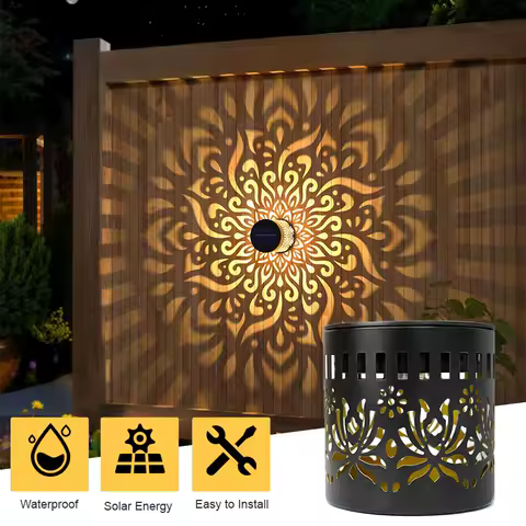 2Pcs Solar Fence Lights Metal Solar Powered Outdoor Wall Deck Step Lights Mandala Theme Waterproof Fence Light for Garden Decor