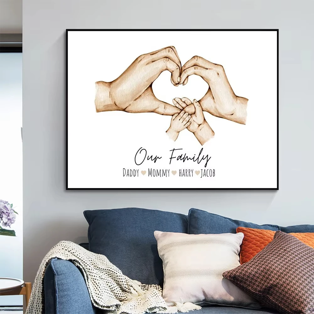 Personal Custom Family Member Name Poster Abstract Hand In Hand Canvas Decorative Painting Modern Home Wall Art Decoration Mural