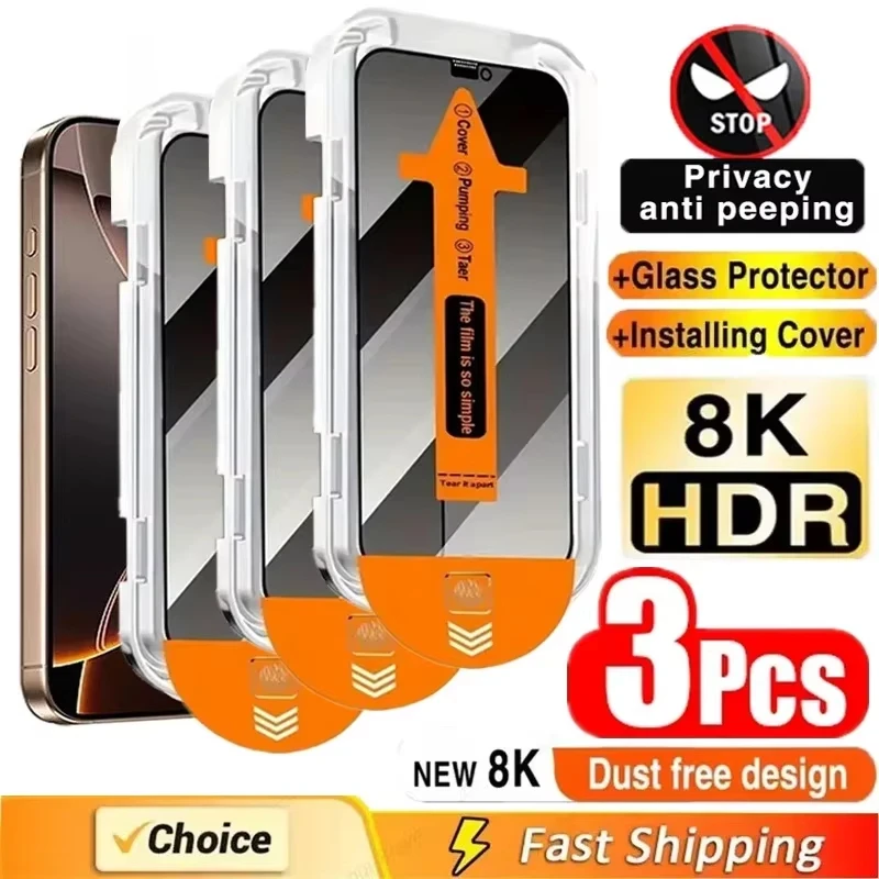 

3Pcs Dust Free Installation Privacy Screen Protector For iPhone 16 15 14 13 12 11 17 Pro Max 16e XS X XR 7 8 Plus Anti-spy Glass