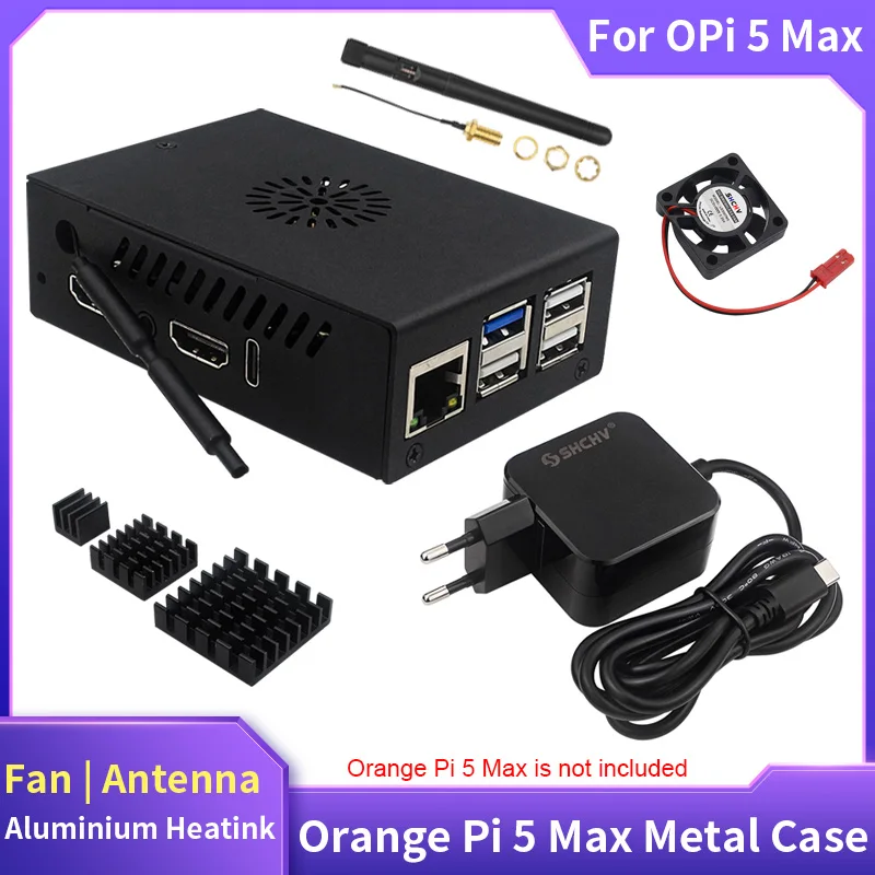 Orange Pi 5 Max Metal Case with Cooling Fan Protective Shell Antenna Heatink Optional Active Passive Cooling for OPi 5 Max