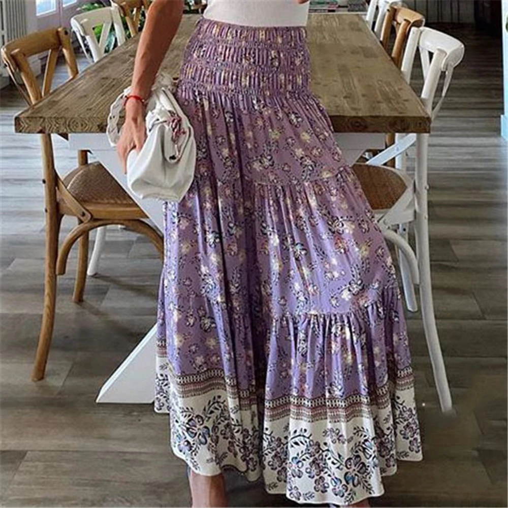 Boho Casual Drucken Maxi Rock Frauen Sommer Mode Sexy Hohe Taille Röcke Frauen 2021 Rosa Strand Floral A-line Lange Röcke femme