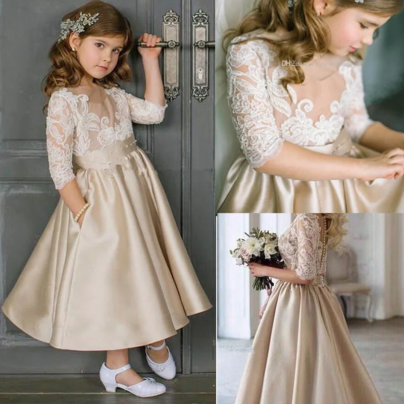 Pageant Champagne Mom and Daughter Flower Girls Dresses For Weddings Kids 3/4 Long Sleeves Satin Ankle Length Princess Gown