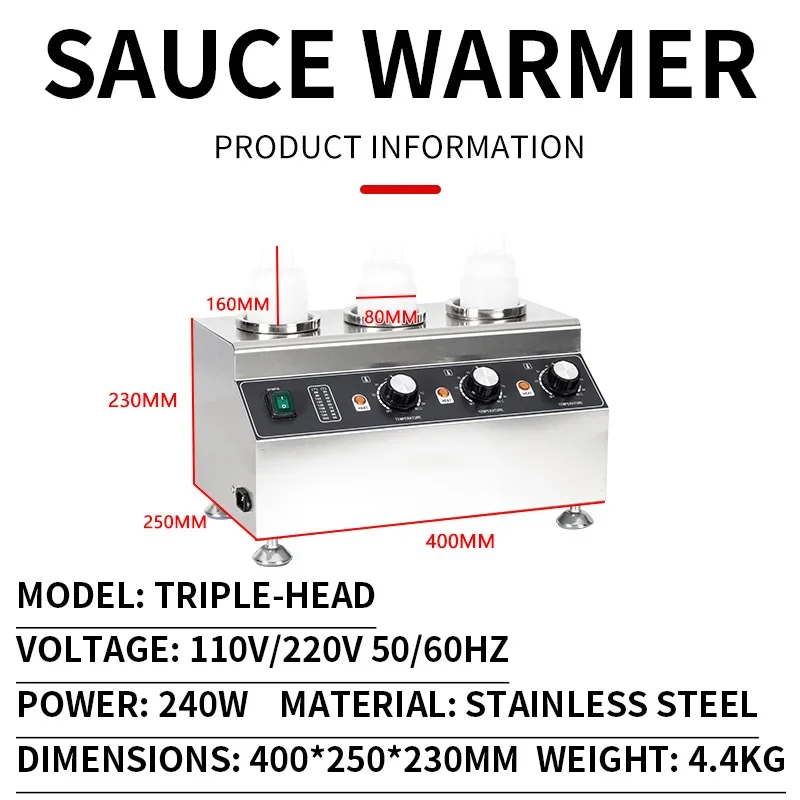 Commercial Sauce Warmer, Chocolate and Cheese Warmer, Stainless Steel Electric, Multifunctional 4-Bottle Sauce Warmer