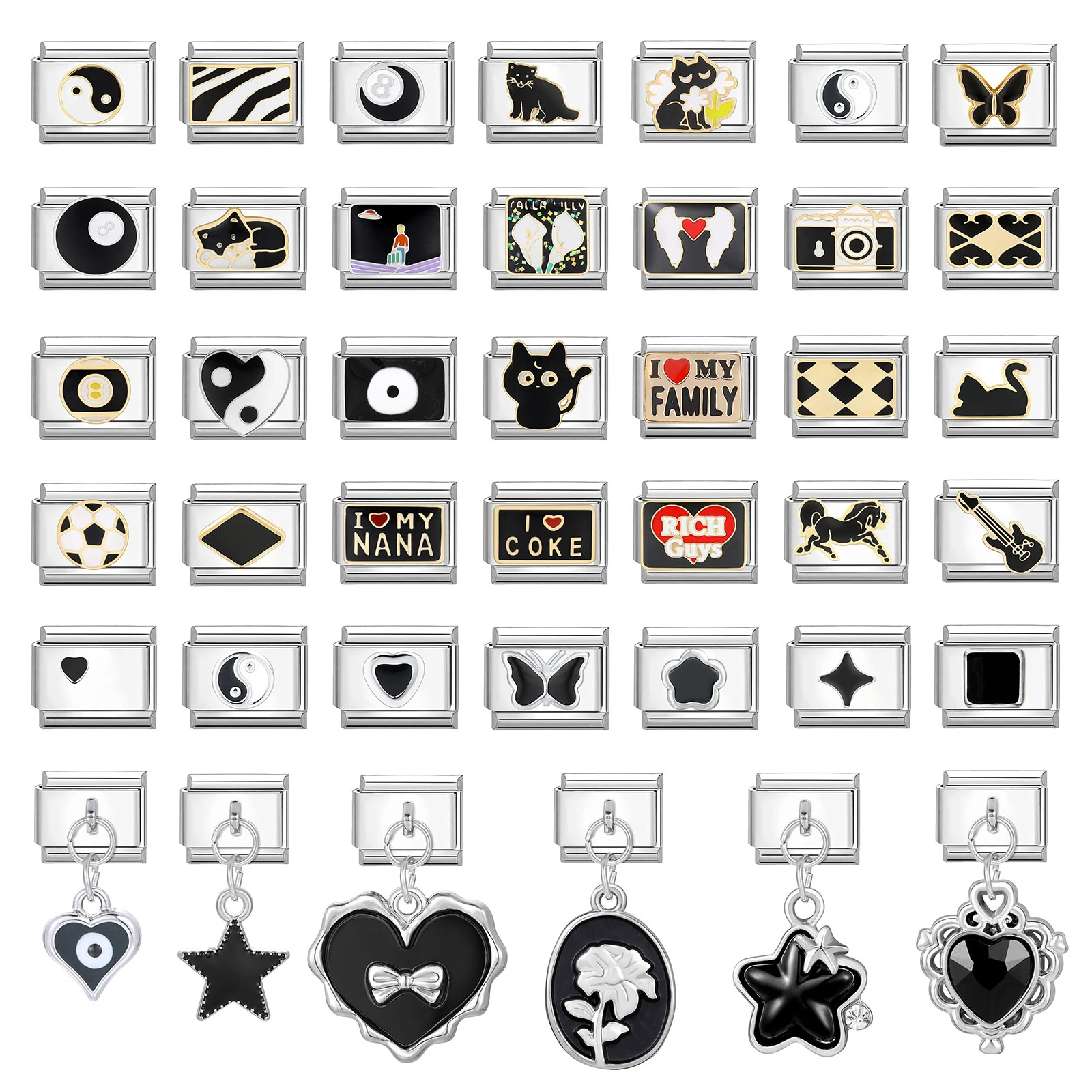 

Black No.8 Ball Cat Eye Tai Chi Butterfly Heart Pendant Italian Charm Links Fit 9MM Stainless Steel Bracelet Couple DIY Making