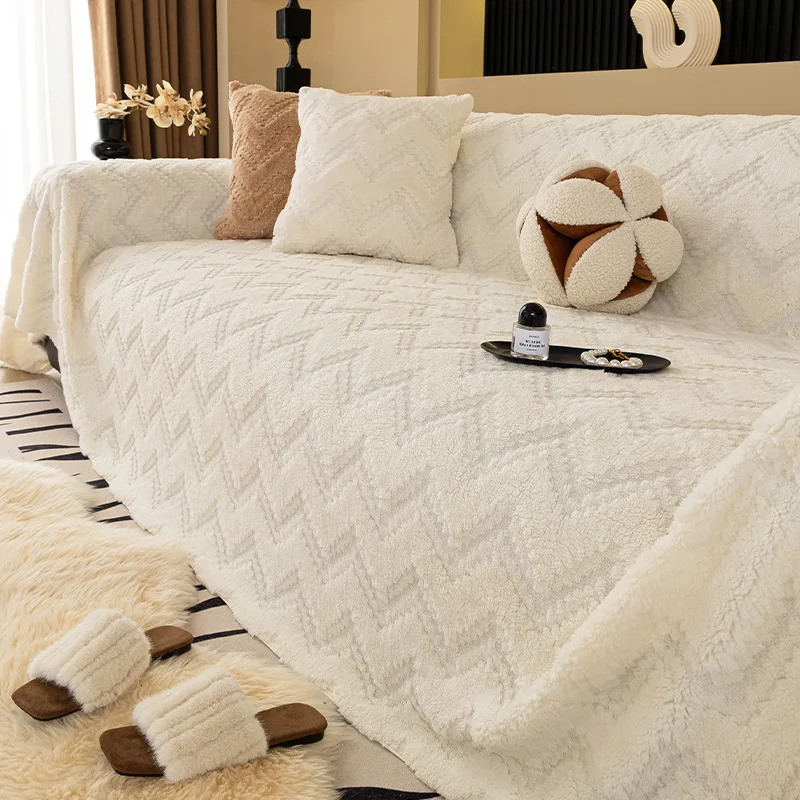 Plush Geometric Wavy Pattern Sofa Throw Full Coverage Couch L Shaped Sectional Sofa Blanket Cat Scratch Resistant Seat Cover