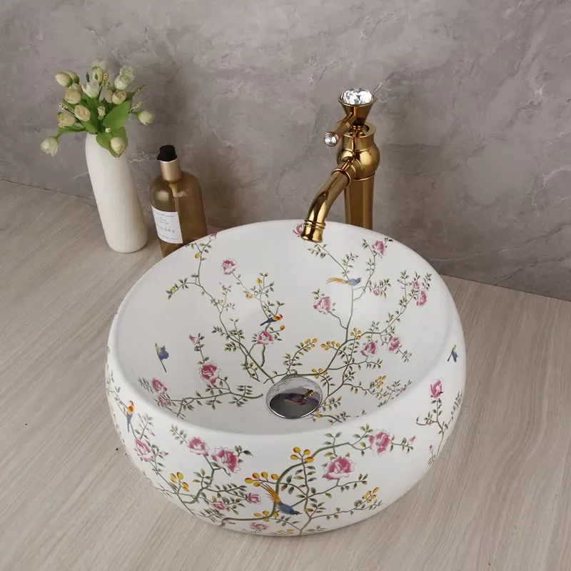 Modern Gold Mixed Faucet and Drain Set with Hand Painted Floral Ceramic Basin for Bathroom Sink Vanity Washbasin Combo