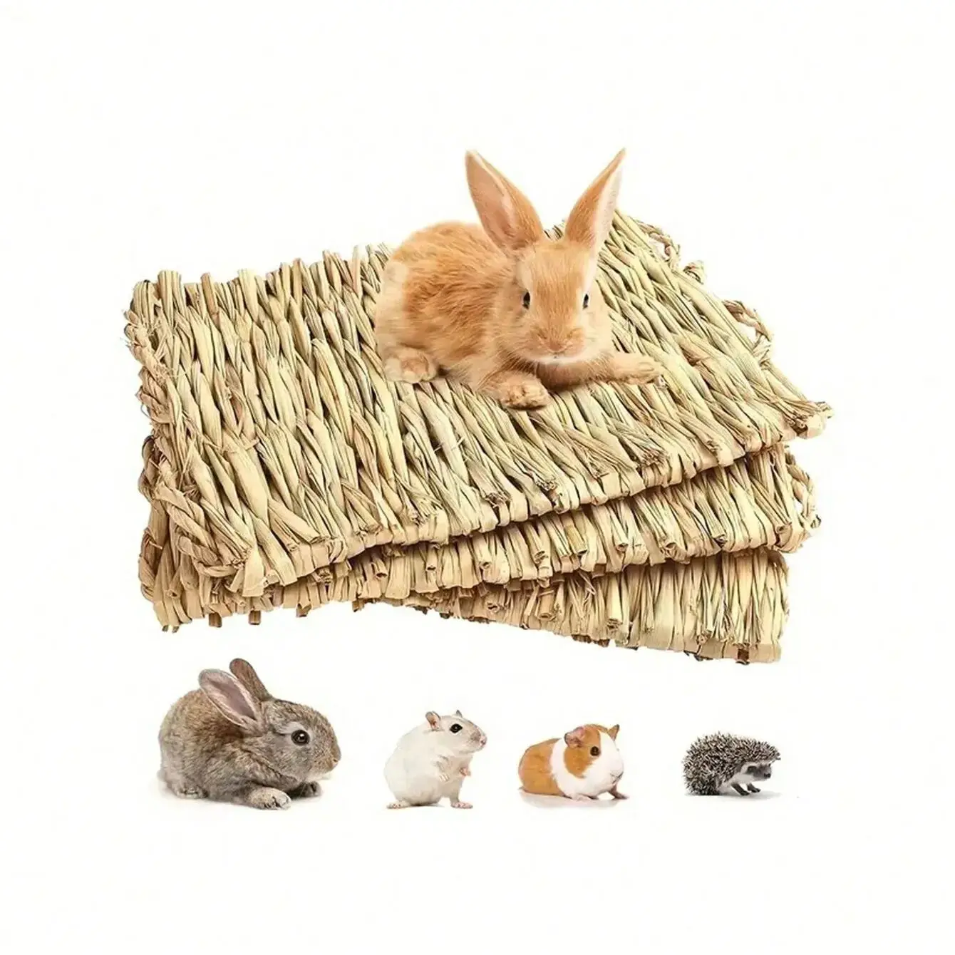 Tapete de Hierba para Conejos, Tapete de Heno Tejido para Animales Pequeños, Cama de Paja Natural, Tapete de Descanso para Jaula para Cobayas, Chinchillas, Hámsteres y Ratas