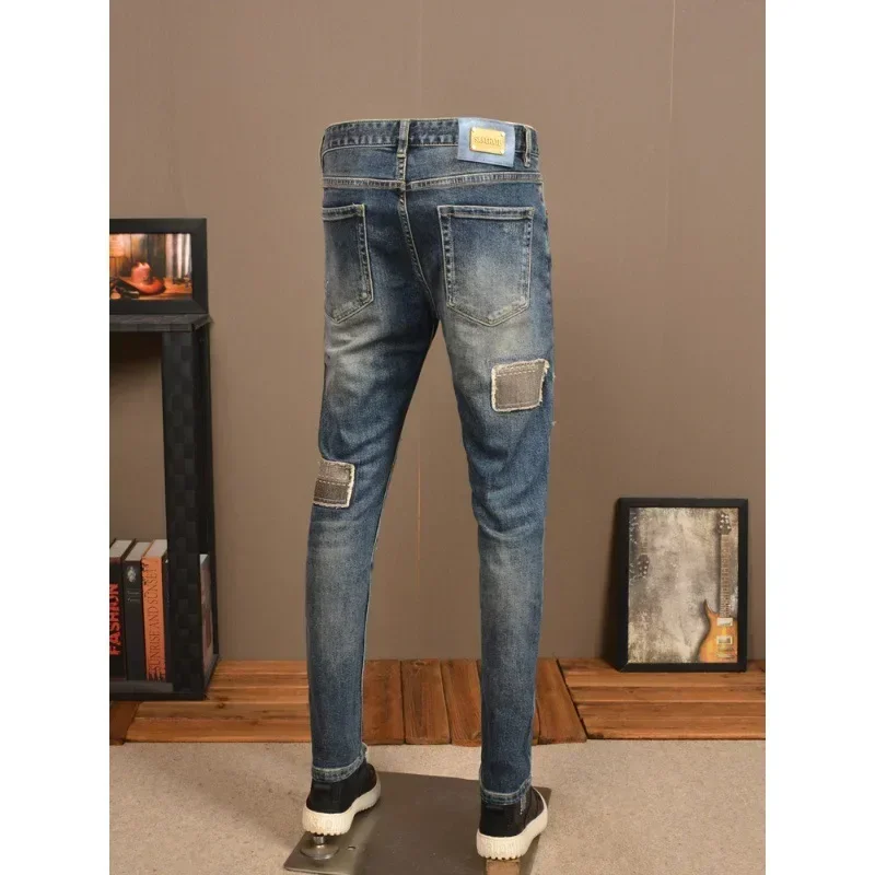 

New Vintage Made Old Ripped Men'S Jeans Fashion Brand Straight Leg Slim Stretch Patch High-End Casual Denim Pants