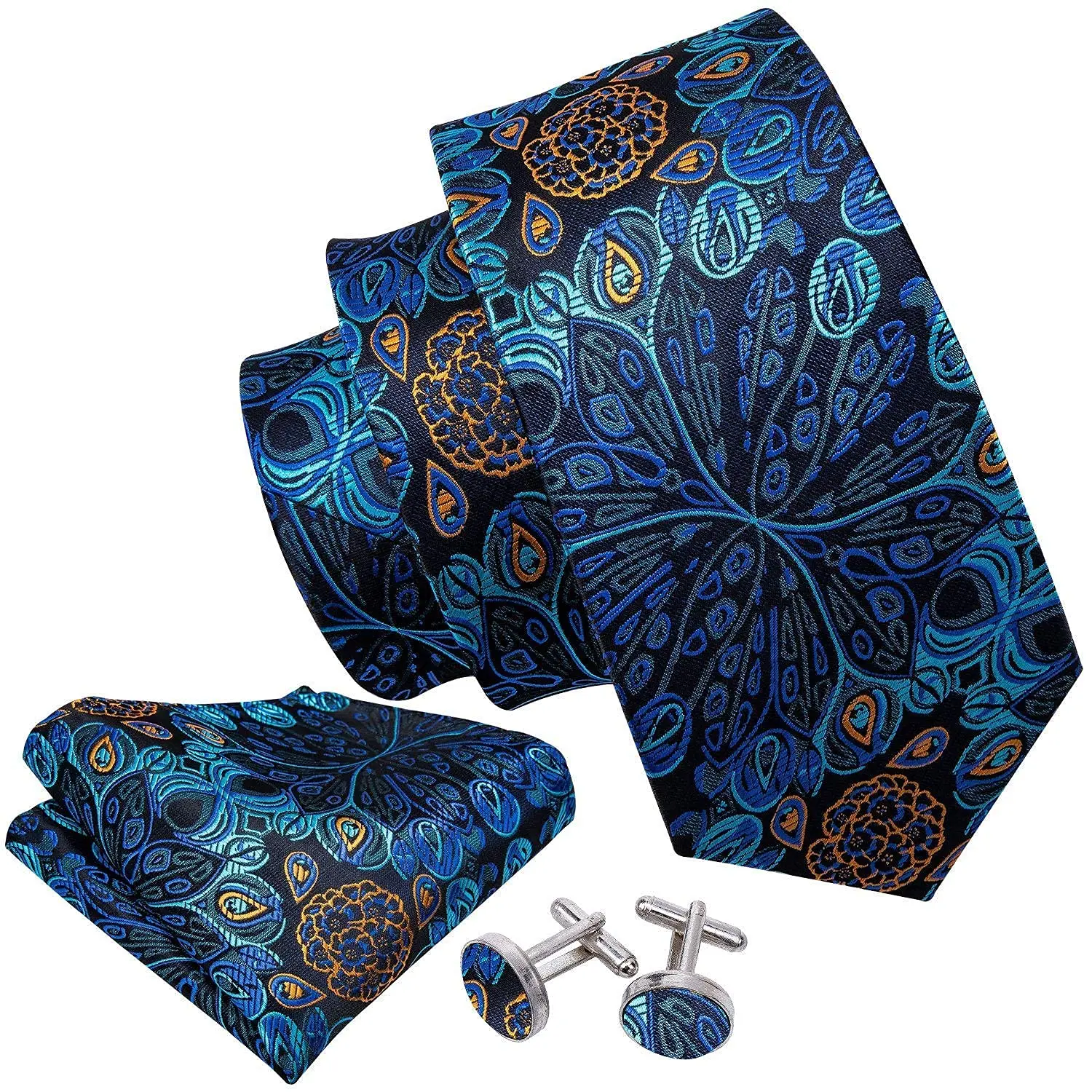 Peacock Blue Floral Men Tie Handkerchief Cufflinks Set Jacquard Necktie for Man Male Wedding Business Ties Formal Casual Gift