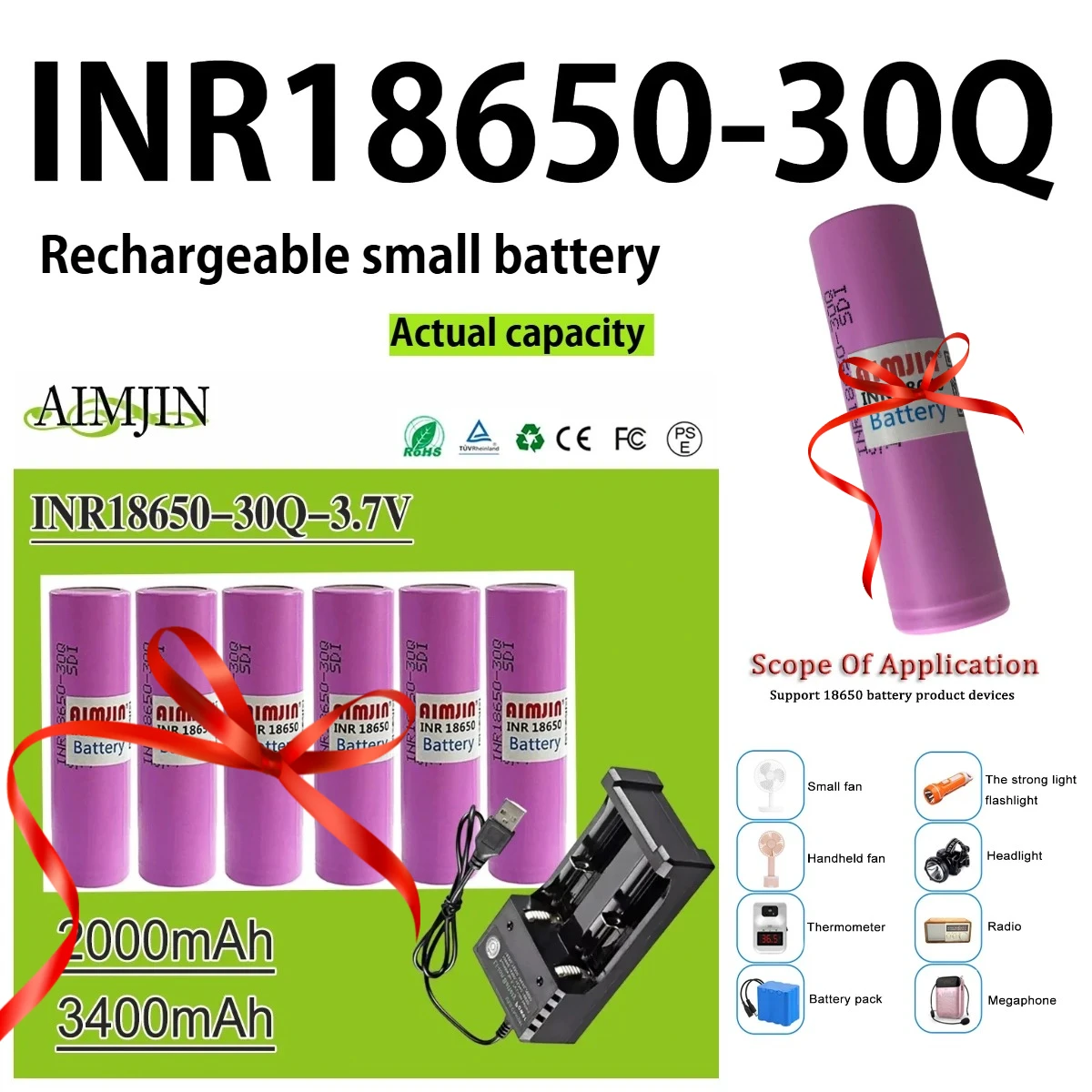 

3.7V 3000mAh With USB Charger 18650 30Q Rechargeable Battery , Suitable For Our 18650 Toys, Tools, Flashlight Batteries, Etc