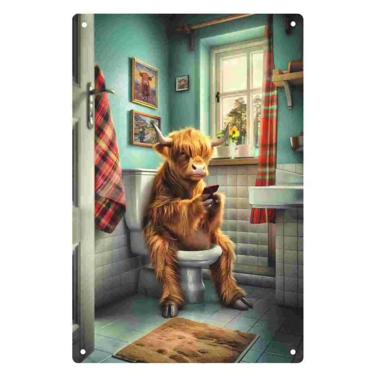 2D FLAT 1pc Funny Highland Cow on Toilet with Phone Metal Wall Sign Decoration for Bathroom Home Cafe Garage Porch And Garden