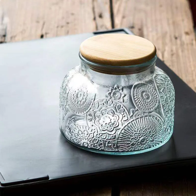 Relief Glass Storage Jar of Crabapple Flower Clear Candy Box Home Airtight Container Kitchen Storage Glass Bottle Candle Holder