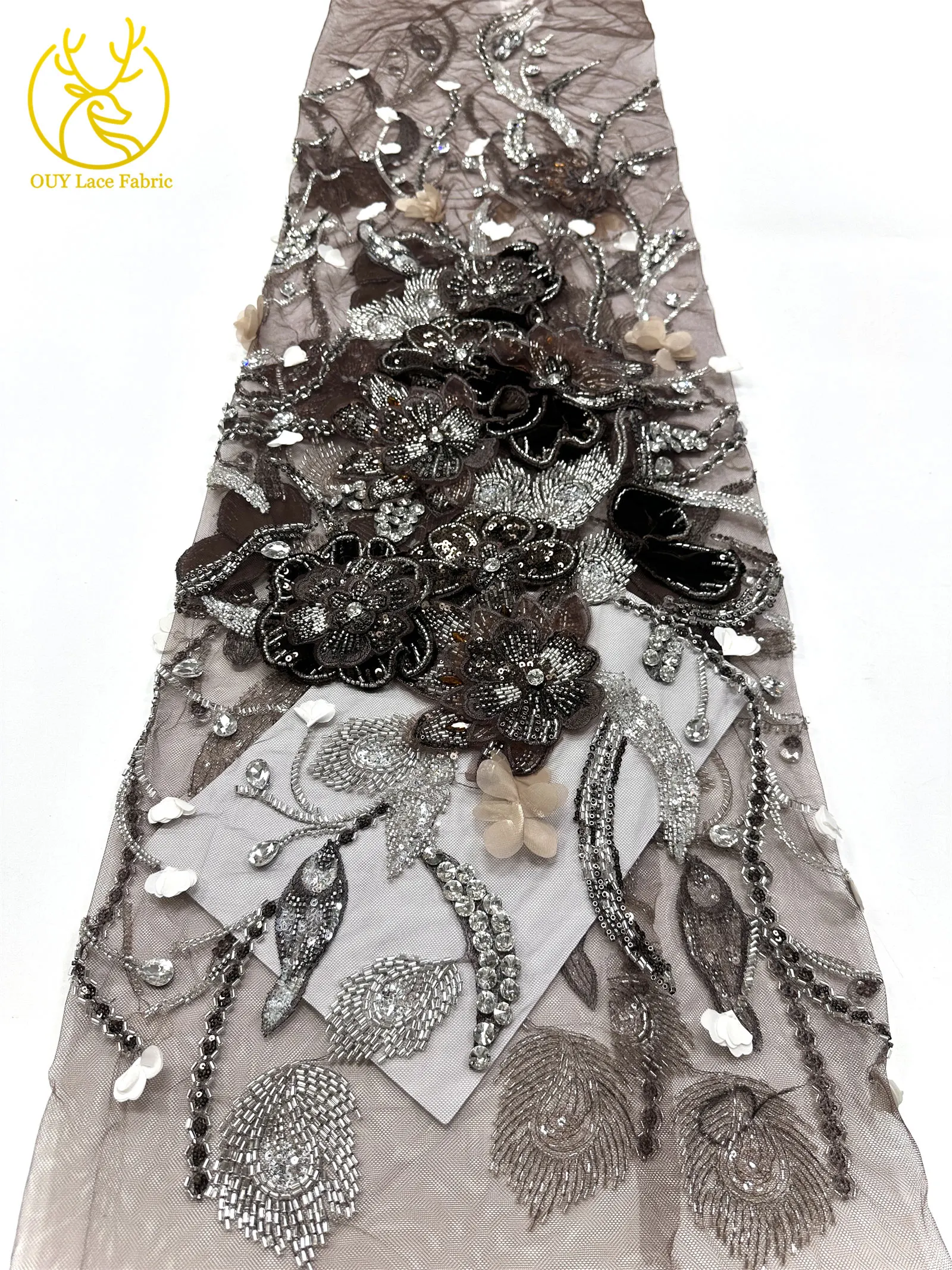 Handgefertigter Luxus Maßgeschneiderter 3D-Stickerei-Blumen-Edelstein-Spitzenstoff Afrikanischer Perlen-Pailletten-Spitzenstoff für Brautkleider – Detail 16
